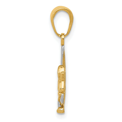 10K Yellow W/Rhodium & Rhodium Polished Moon W/ Angel Pendant