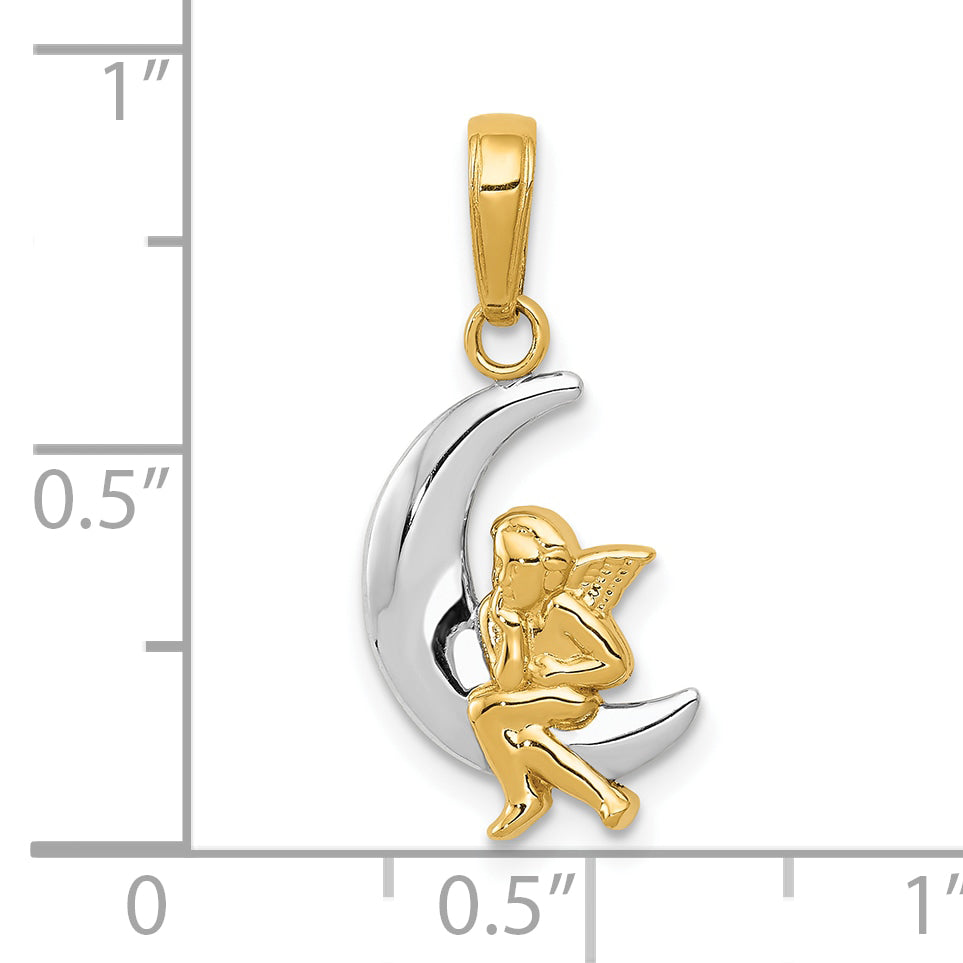 10K Yellow W/Rhodium & Rhodium Polished Moon W/ Angel Pendant