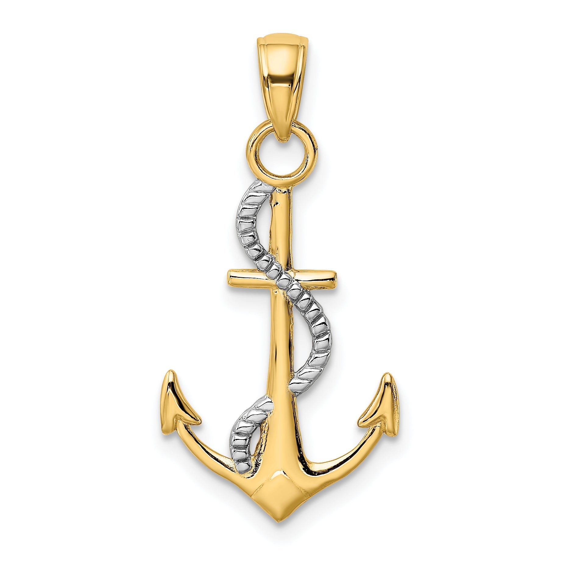 10K Yellow W/Rhodium 10K Polished Anchor W/Rope Pendant