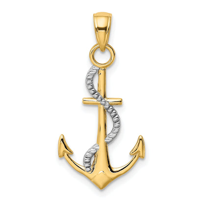 10K Yellow W/Rhodium 10K Polished Anchor W/Rope Pendant