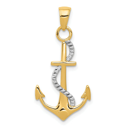10K Yellow W/Rhodium 10K Polished Anchor W/Rope Pendant