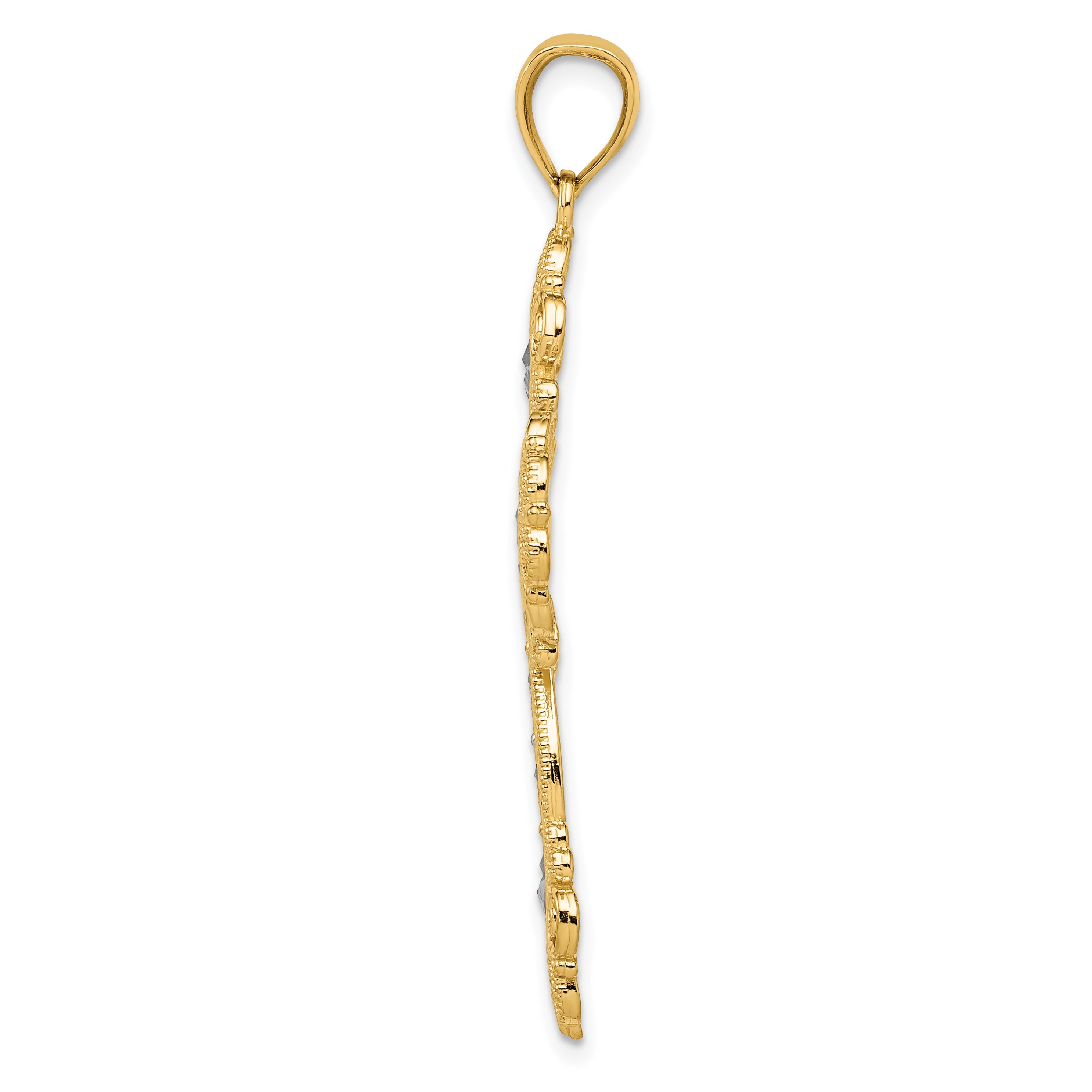10K Yellow W/Rhodium 10K & Rhodium Polished Textured Diamond Pattern Cross Pendant