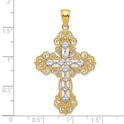 10K Yellow W/Rhodium 10K & Rhodium Polished Textured Diamond Pattern Cross Pendant