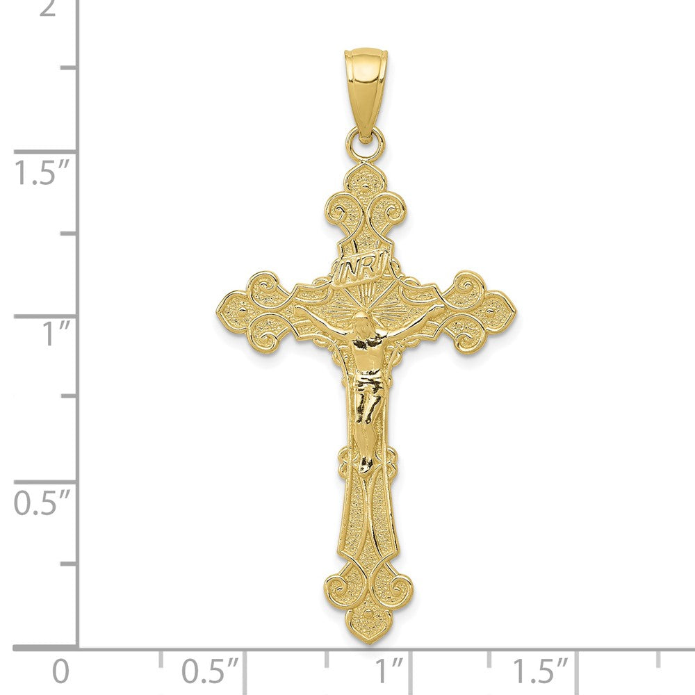 10K Yellow Gold 10K Polished Textured Inri Crucifix Fleur De Lis Pendant