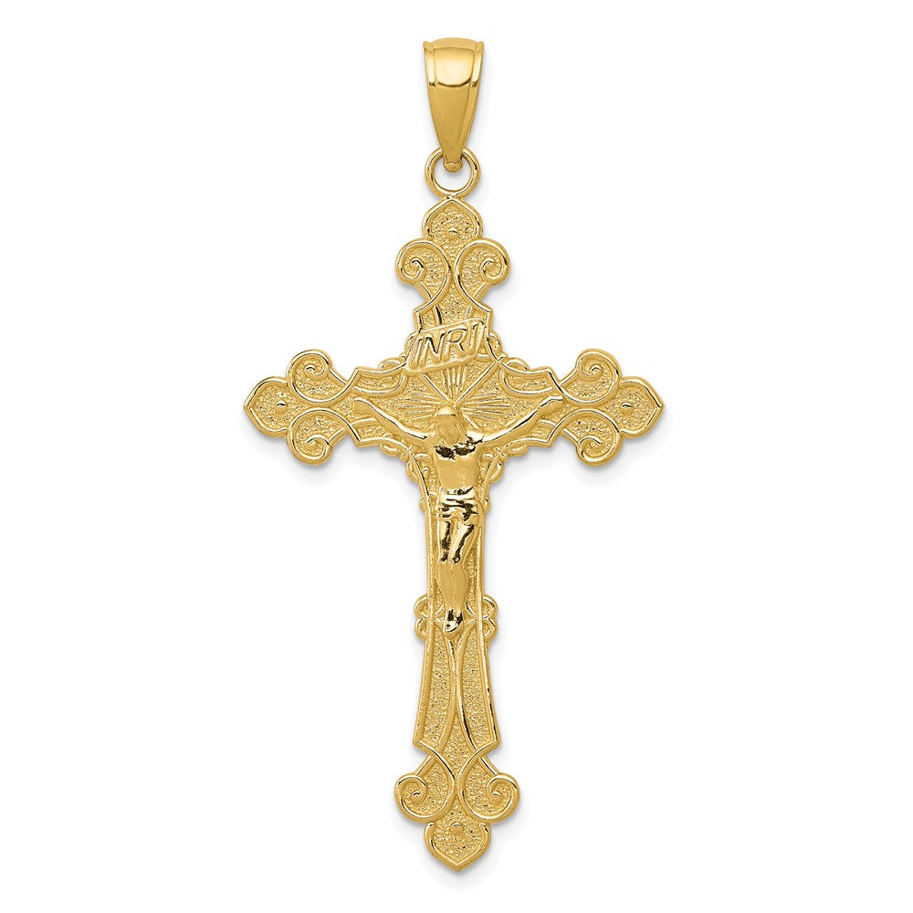 10K Yellow Gold 10K Polished Textured Inri Crucifix Fleur De Lis Pendant