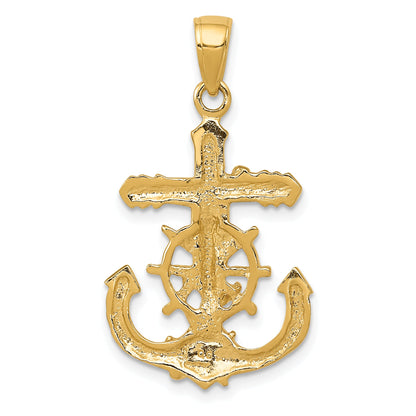 10K Yellow Gold 10K Polished & Textured 2-D Mariners Crucifix Rope/Wheel Pendant