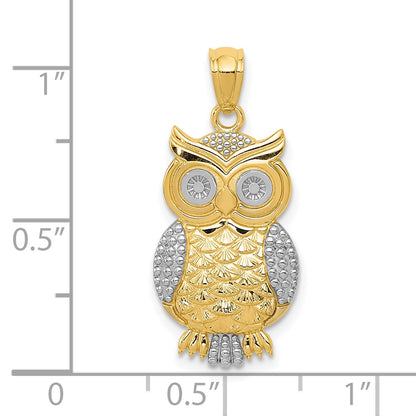 10K Yellow W/Rhodium 10K & Rhodium Polished Textured Owl Pendant