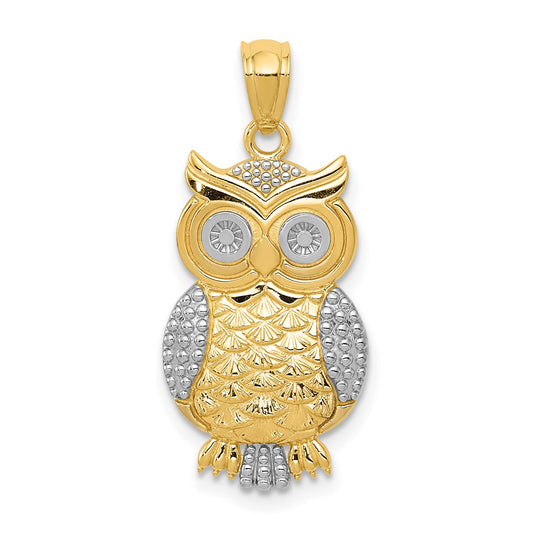 10K Yellow W/Rhodium 10K & Rhodium Polished Textured Owl Pendant