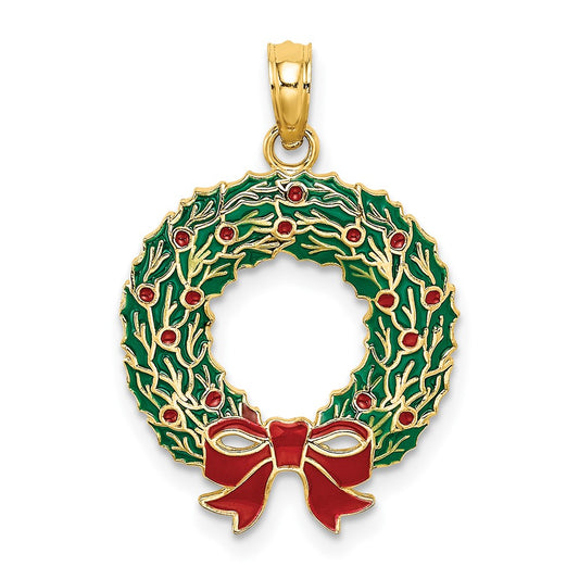10K Yellow Gold 10K Enamel Christmas Wreath Charm