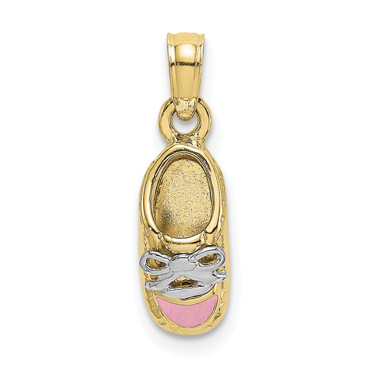 10K Yellow W/Rhodium 10K 3-D Pink Enamel Baby Shoe Charm