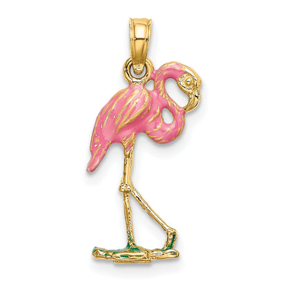10K Yellow Gold 10K 3-D Pink Enamel Flamingo Charm