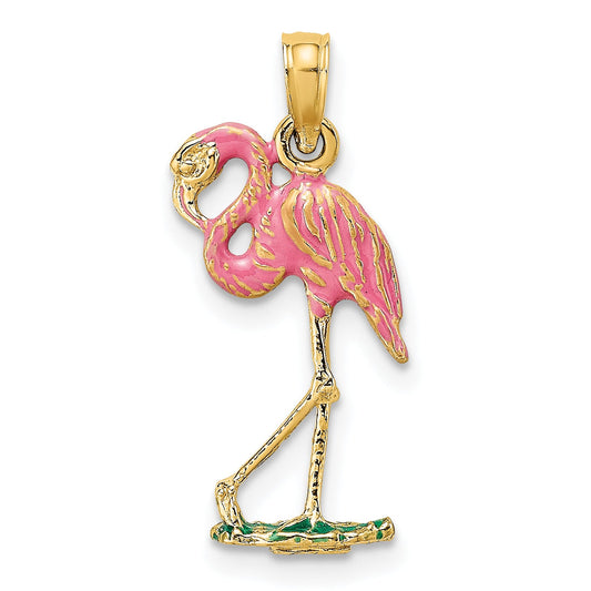 10K Yellow Gold 10K 3-D Pink Enamel Flamingo Charm