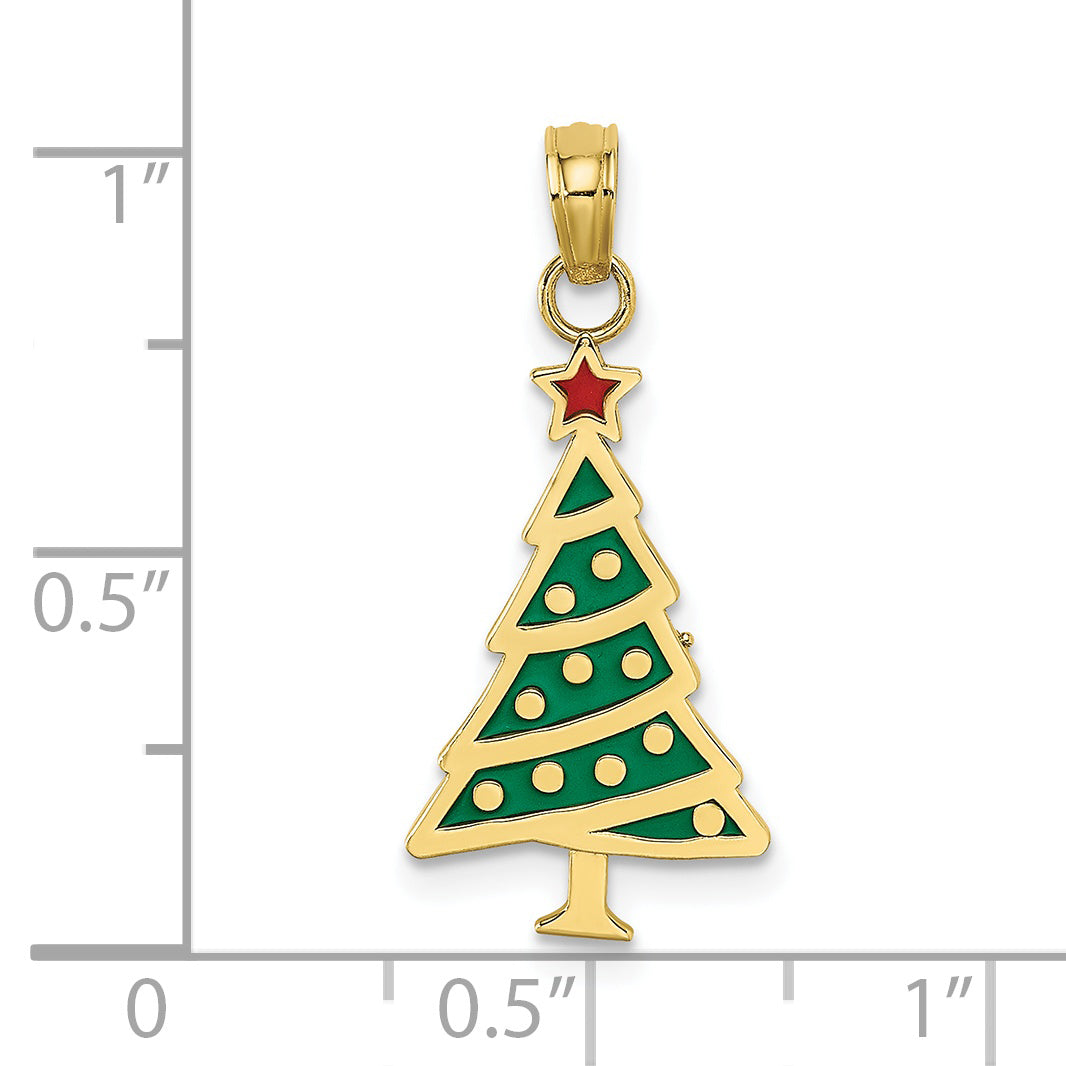 10K Yellow Gold 10K Enamel Green Christmas Tree W/ Red Star Charm