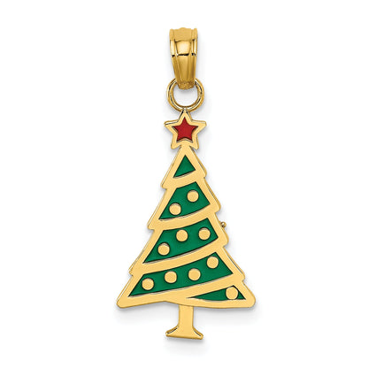 10K Yellow Gold 10K Enamel Green Christmas Tree W/ Red Star Charm