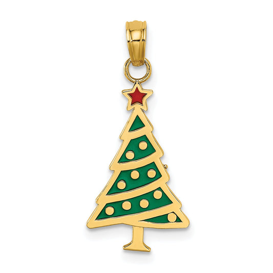 10K Yellow Gold 10K Enamel Green Christmas Tree W/ Red Star Charm