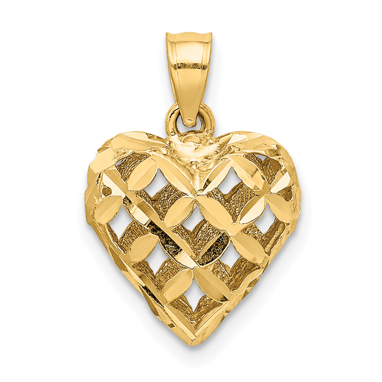 10K Yellow Gold 10K 3-D Diamond-Cut Filigree Puffed Heart Charm