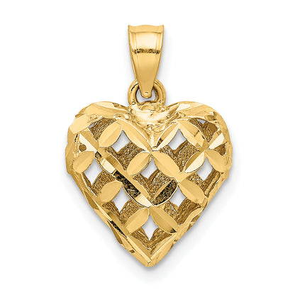 10K Yellow Gold 10K 3-D Diamond-Cut Filigree Puffed Heart Charm