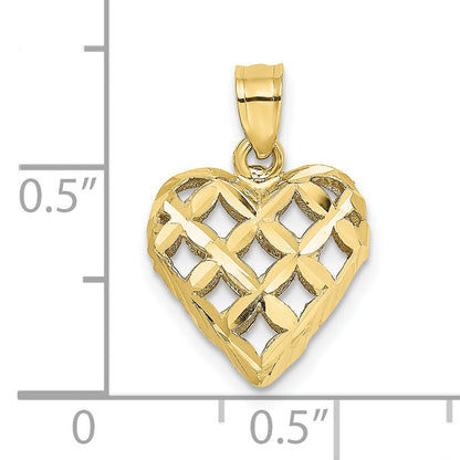 10K Yellow Gold 10K 3-D Diamond-Cut Filigree Puffed Heart Charm