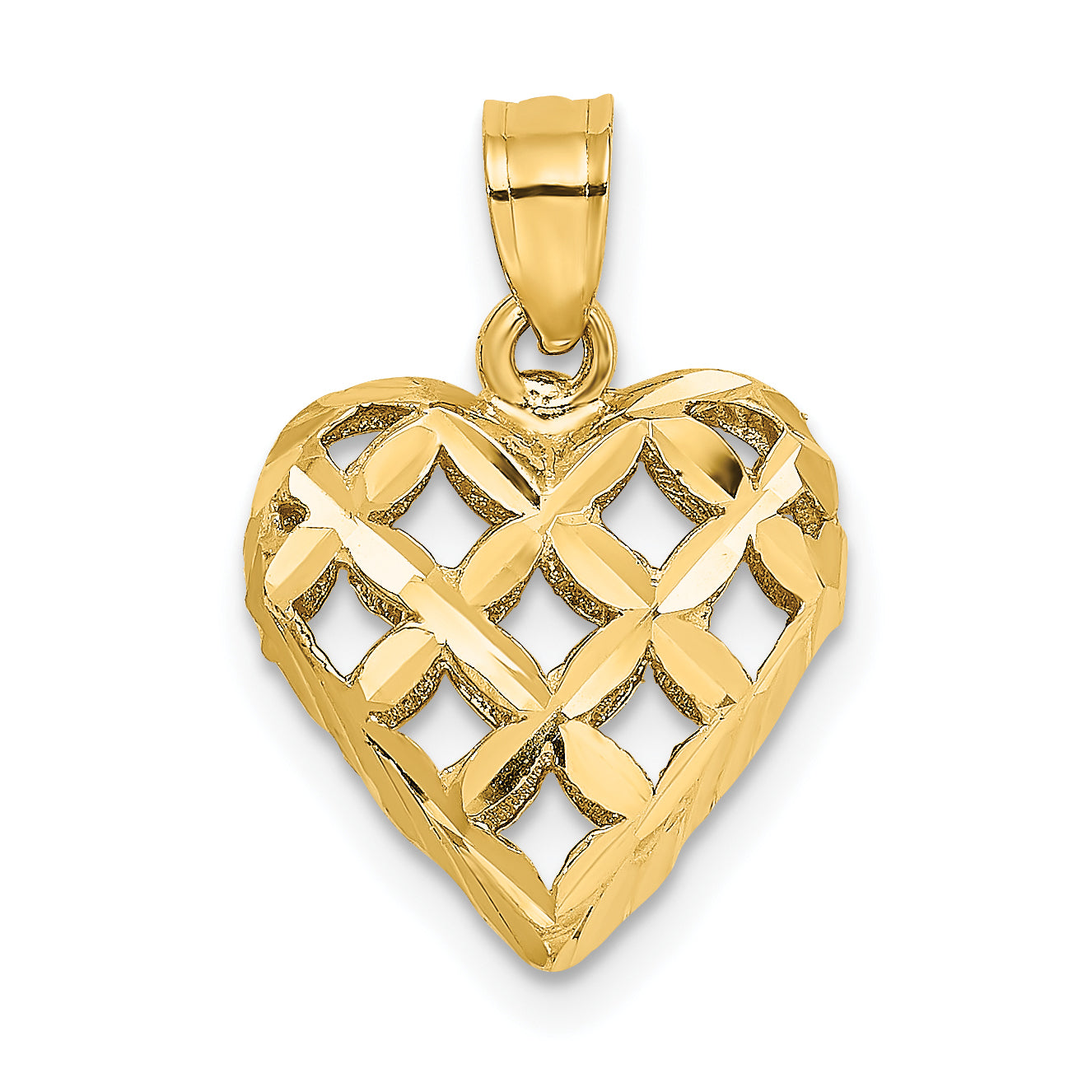 10K Yellow Gold 10K 3-D Diamond-Cut Filigree Puffed Heart Charm
