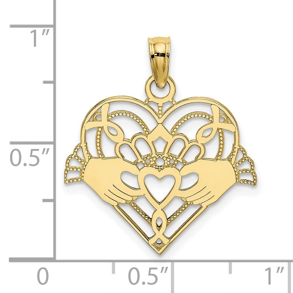 10K Yellow Gold 10K Polished And Beaded Claddagh In Heart Charm