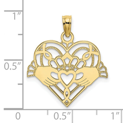 10K Yellow Gold 10K Polished And Beaded Claddagh In Heart Charm