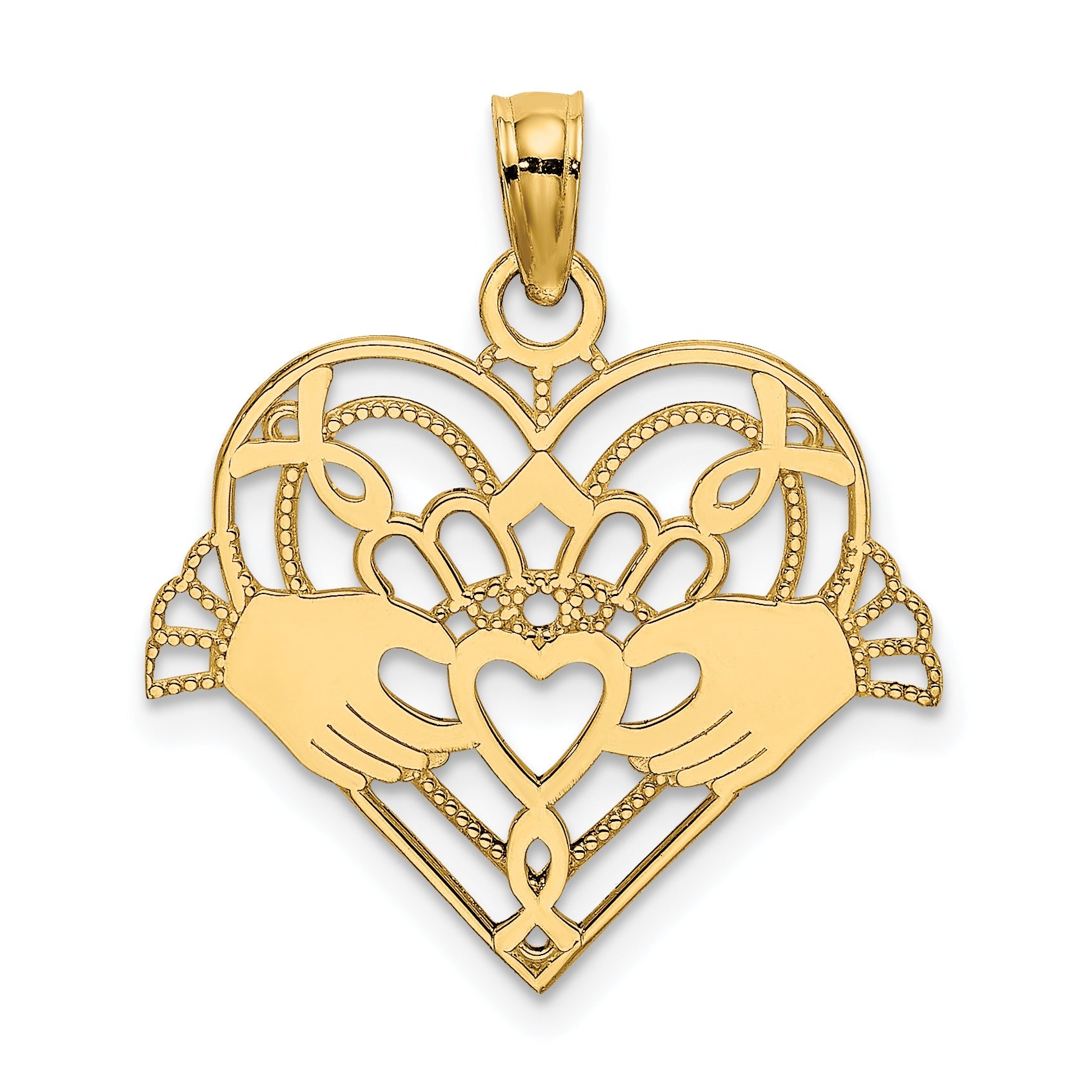 10K Yellow Gold 10K Polished And Beaded Claddagh In Heart Charm