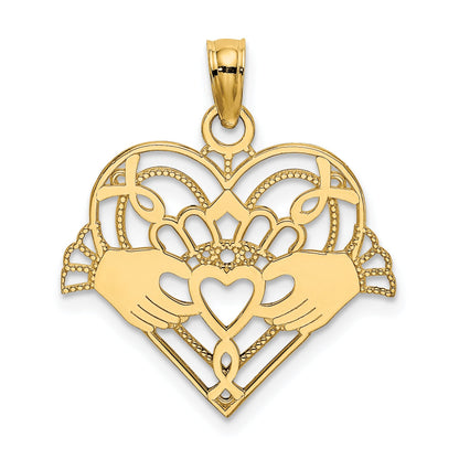 10K Yellow Gold 10K Polished And Beaded Claddagh In Heart Charm