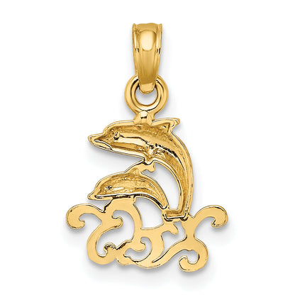 10K Yellow Gold 10K Textured Mini Double Dolphins And Waves Charm