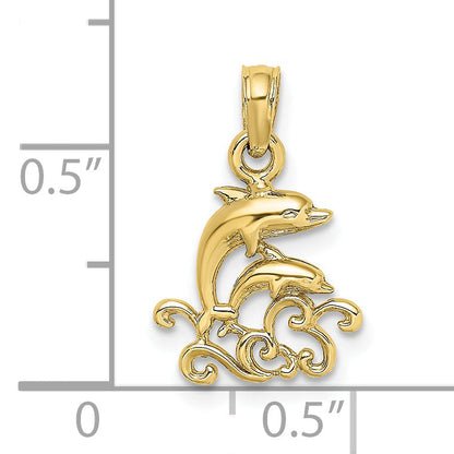 10K Yellow Gold 10K Textured Mini Double Dolphins And Waves Charm