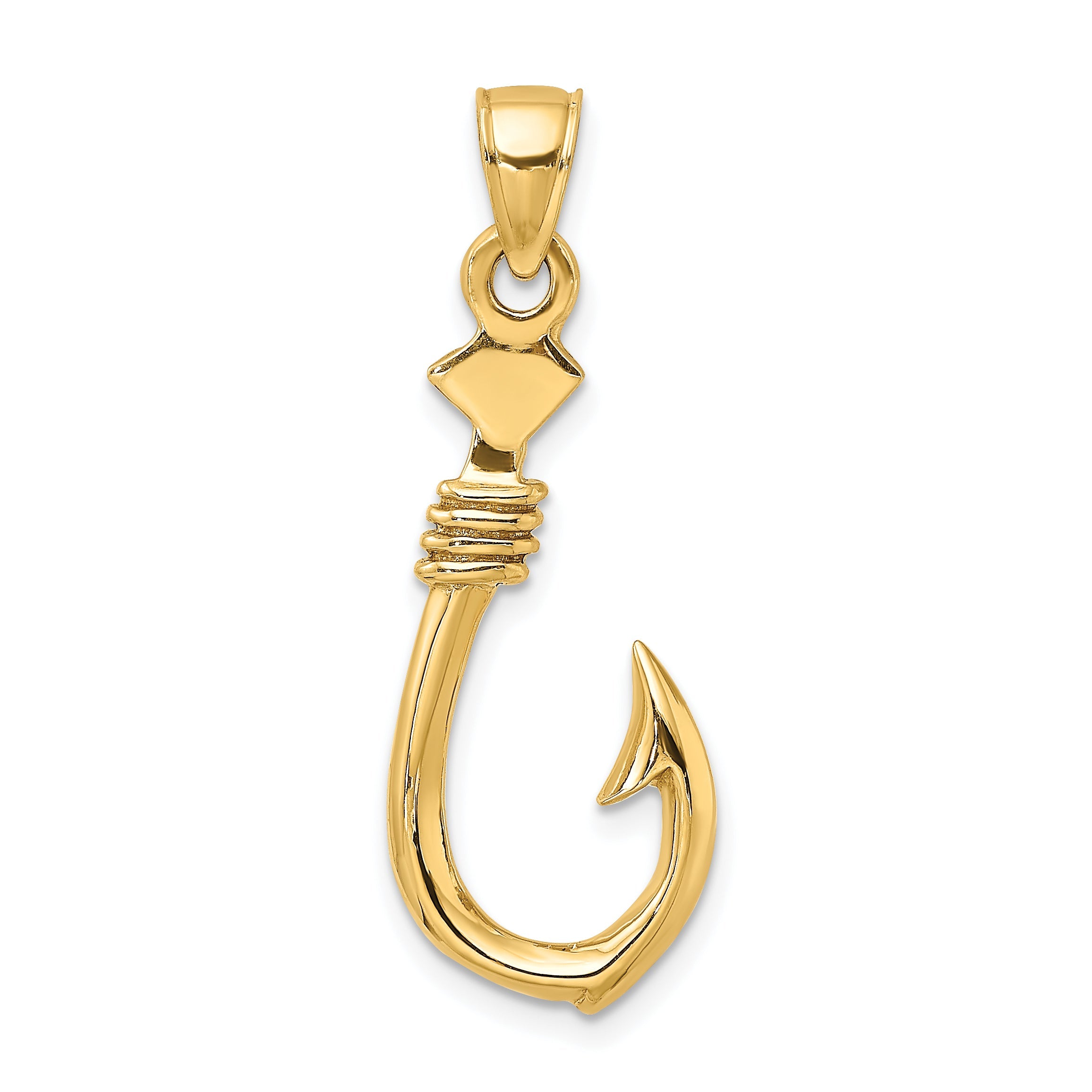 10K Yellow Gold 10K 3-D Large Fish Hook With Rope Charm