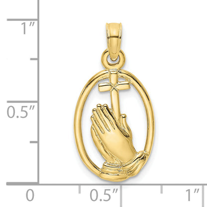 10K Yellow Gold 10K Praying Hands And Cross In Oval Charm