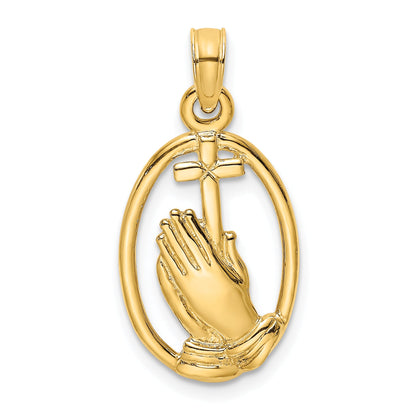 10K Yellow Gold 10K Praying Hands And Cross In Oval Charm