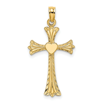 10K Yellow Gold 10K Polished And Engraved Cross W/ Heart Charm