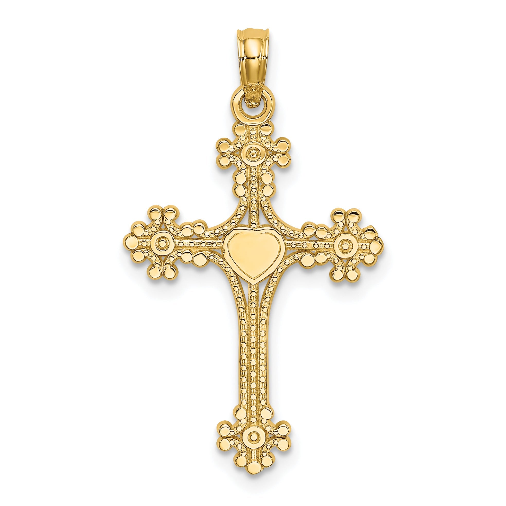 10K Yellow Gold 10K Beaded Tip Cross W/ Heart Center Charm