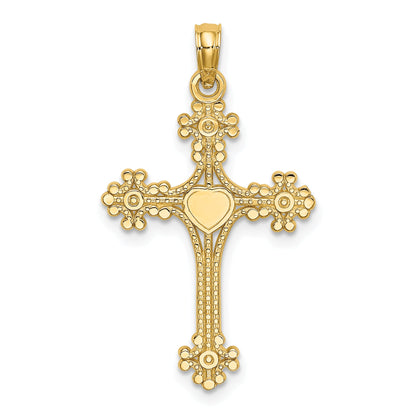 10K Yellow Gold 10K Beaded Tip Cross W/ Heart Center Charm