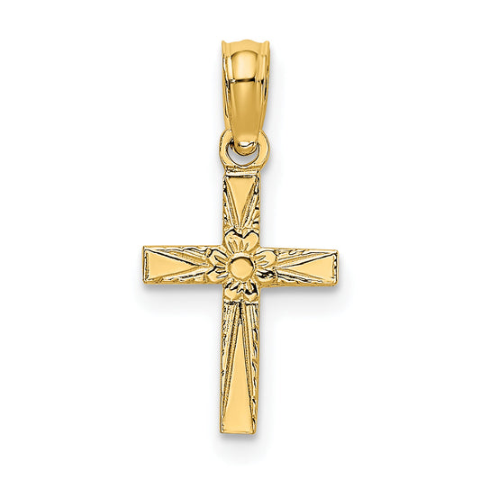 10K Yellow Gold 10K Polished And Engraved Mini Cross W/ Flower Charm