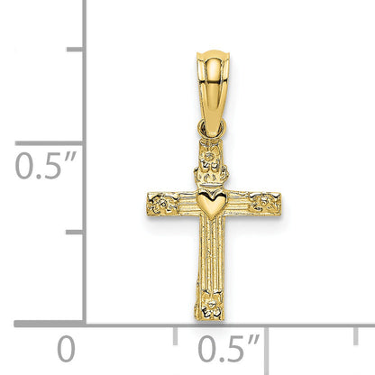 10K Yellow Gold 10K Textured Mini Cross W/ Heart Charm