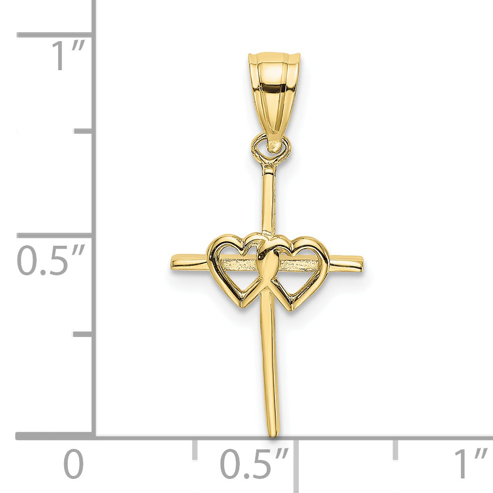 10K Yellow Gold 10K Polished Double Hearts On Stick Cross Charm