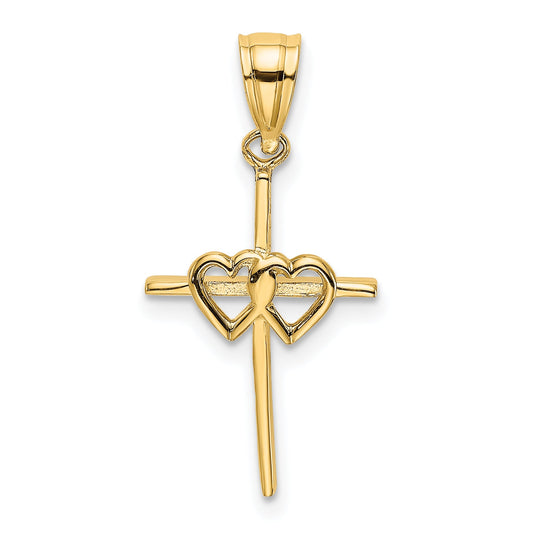 10K Yellow Gold 10K Polished Double Hearts On Stick Cross Charm