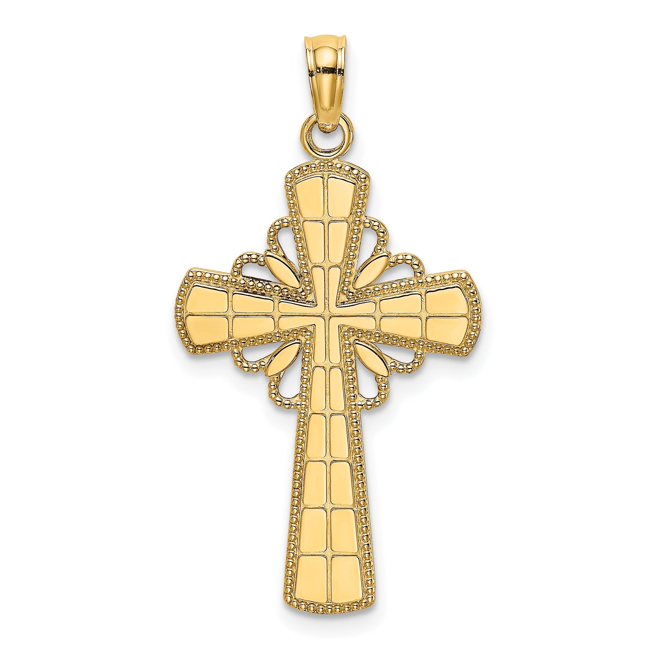 10K Yellow Gold 10K Polished W/ Beaded Edge Grid Accent Cross Charm