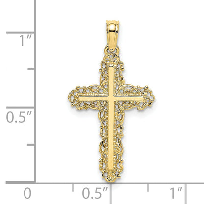 10K Yellow Gold 10K Cross W/ Filigree Lace Trim Charm