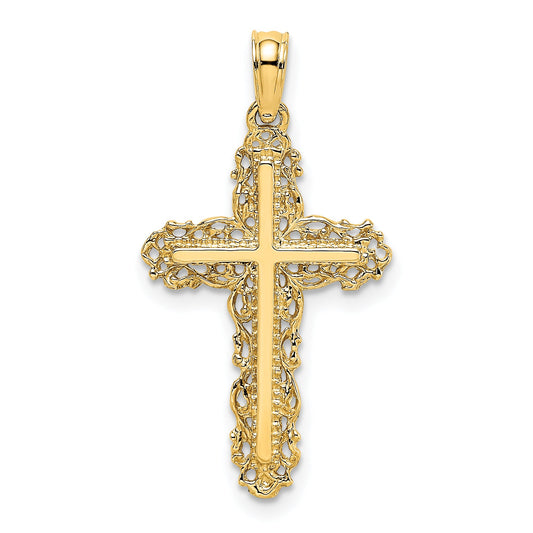 10K Yellow Gold 10K Cross W/ Filigree Lace Trim Charm