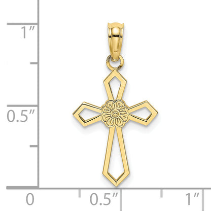 10K Yellow Gold 10K Cut-Out And Flat Cross W/ Flower Charm