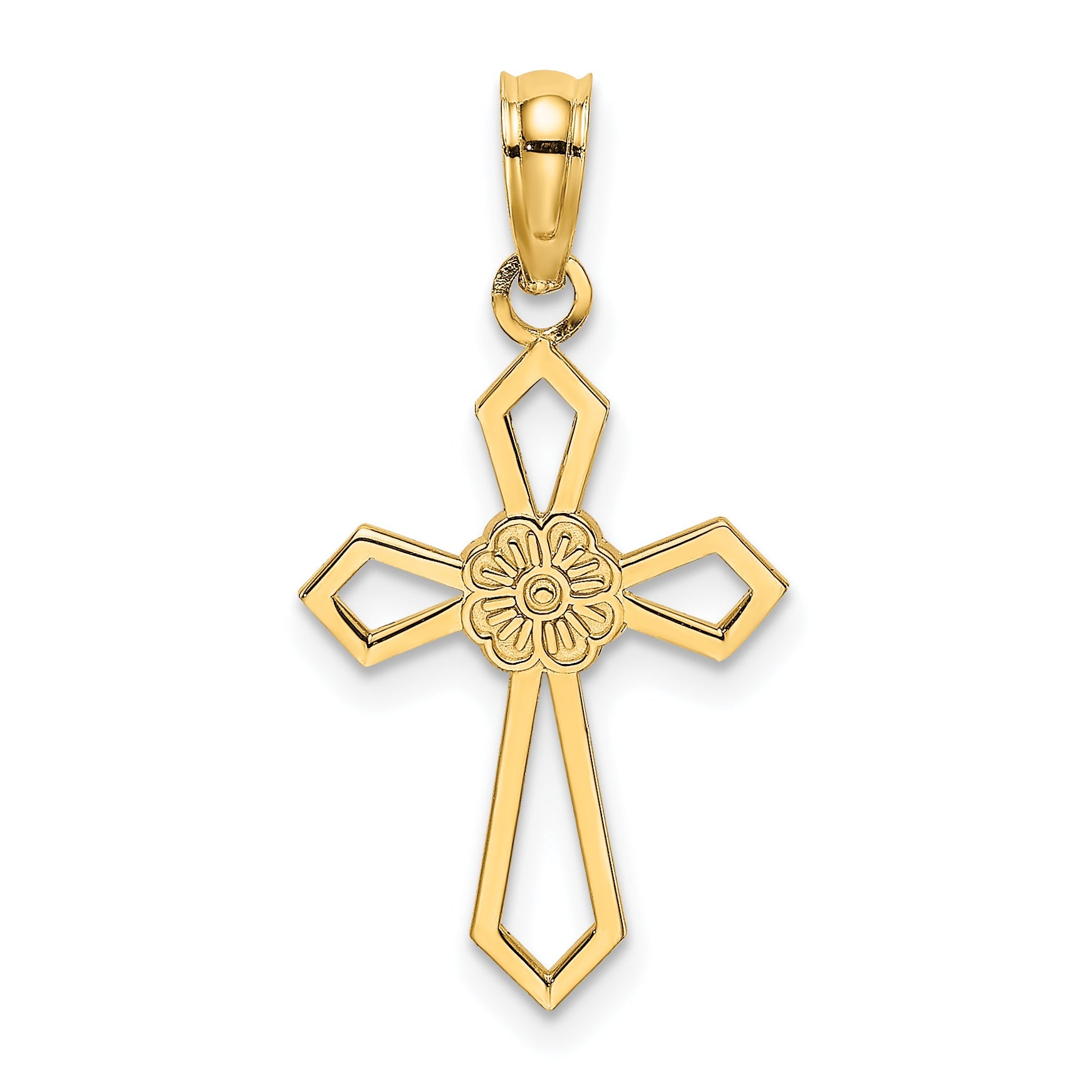 10K Yellow Gold 10K Cut-Out And Flat Cross W/ Flower Charm