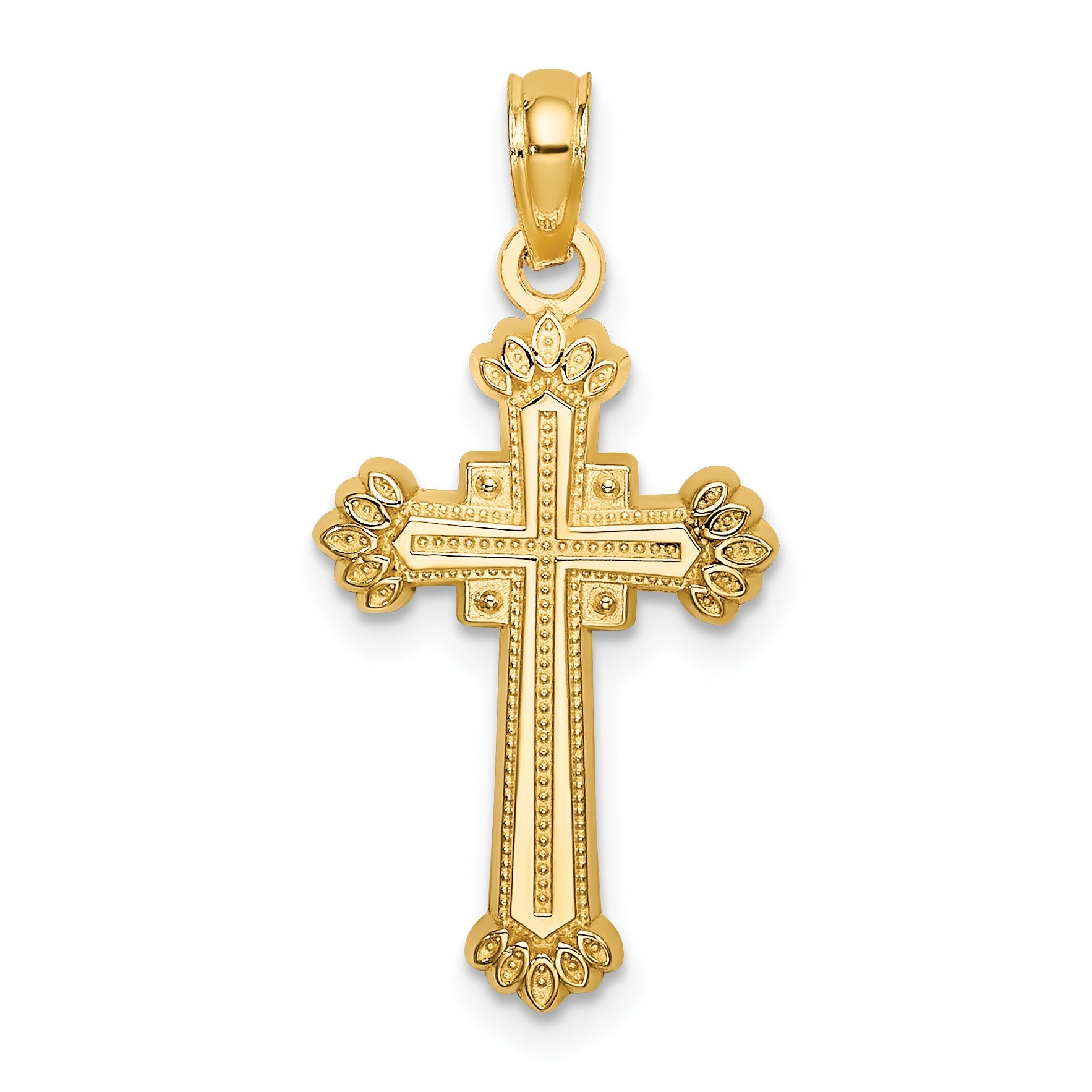 10K Yellow Gold 10K Textured Leaves On Edges Cross Charm