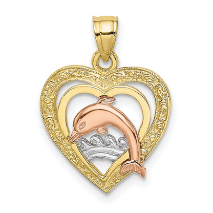 10K Two-Tone 10K W/White Rhodium Dolphin In Heart Charm