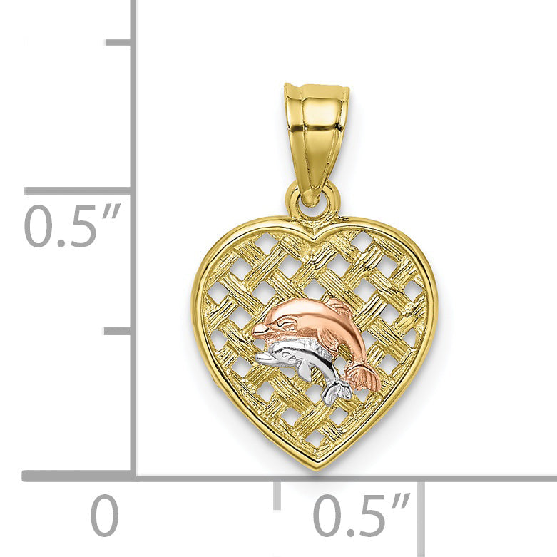 10K Two-Tone 10K W/Rhodium Double Dolphins On Woven Heart Charm
