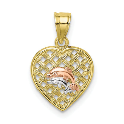 10K Two-Tone 10K W/Rhodium Double Dolphins On Woven Heart Charm