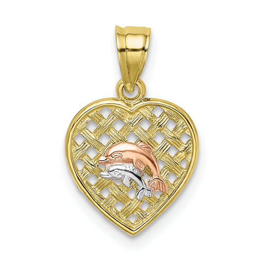 10K Two-Tone 10K W/Rhodium Double Dolphins On Woven Heart Charm