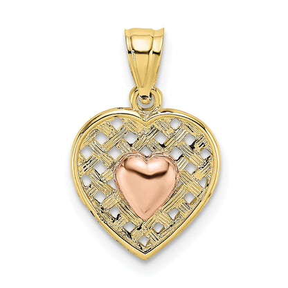 10K Two-Tone Yellow And Rose Gold Polished Heart On Woven Charm